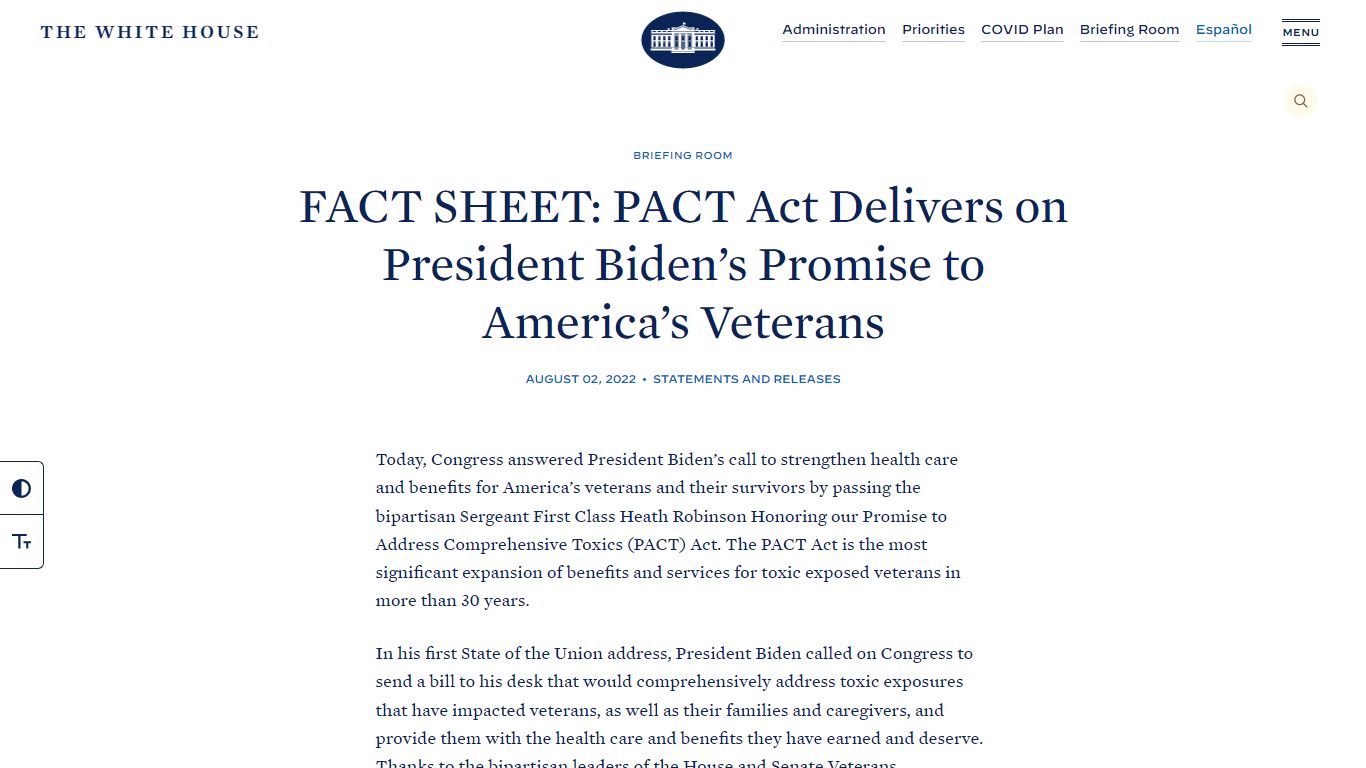 FACT SHEET: PACT Act Delivers on President Biden’s Promise to America’s ...